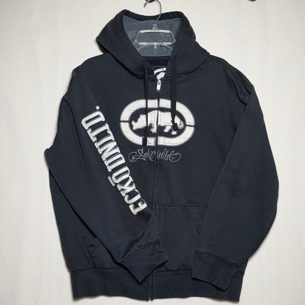 Vintage Y2K Ecko Unltd Mens Large Black Full Zip Rhino Logo Hoodie Streetwear